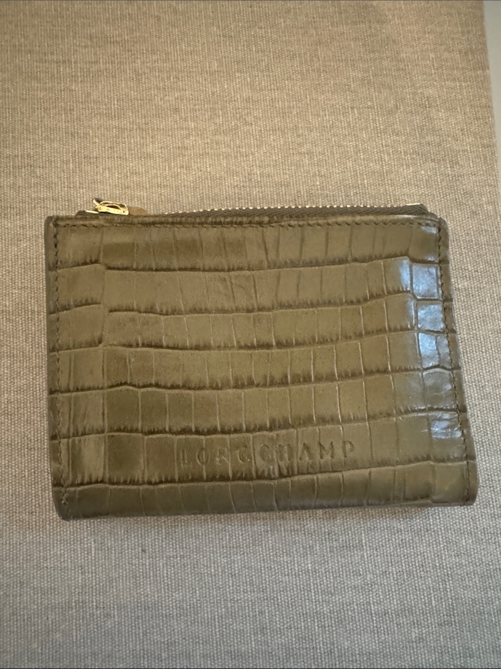 Longchamp Olive Croc-Embossed Leather Zip Card Holder